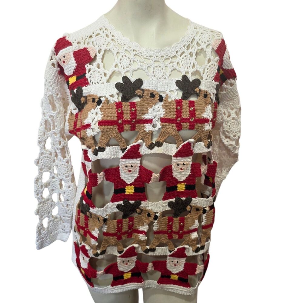 Vintage Berek 2 Crochet Santa Reindeer Christmas Sweater Petite Small